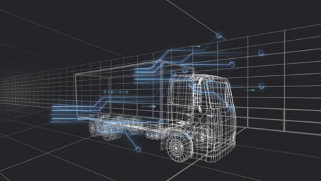 animation of futuristic wireframe truck with digital data elements in school project