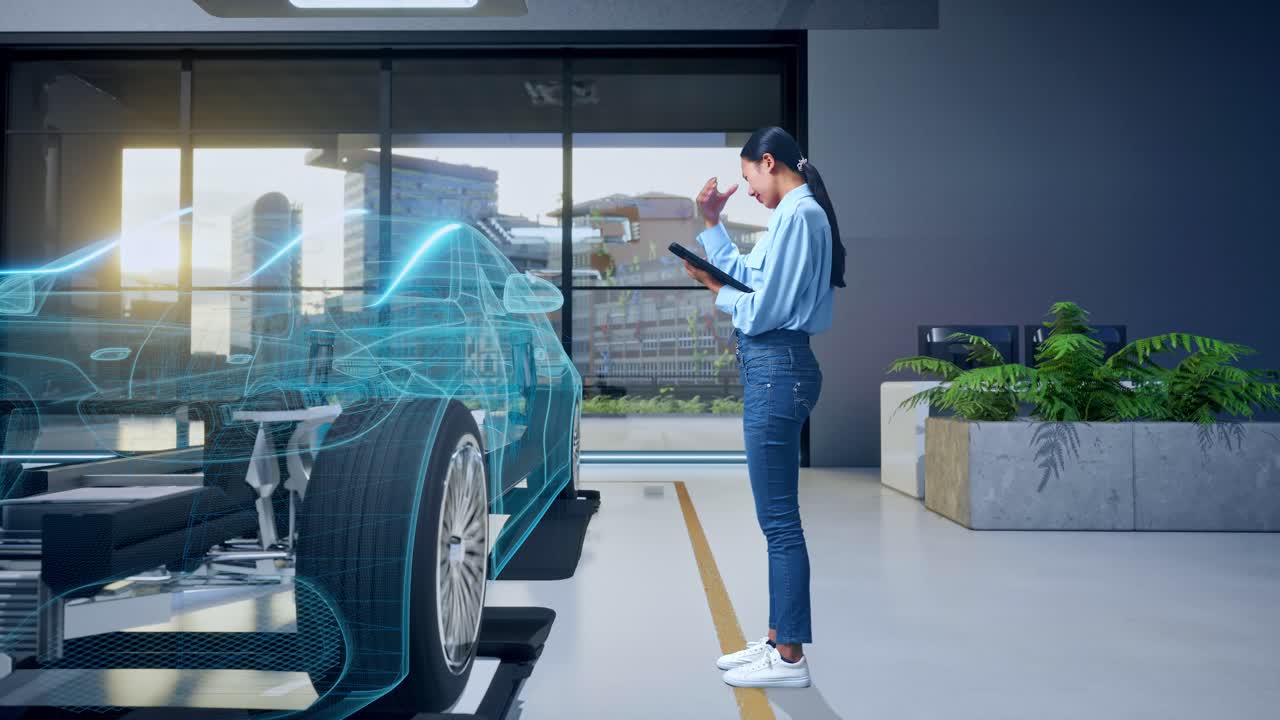 Ingegnere donna che analizza un design di auto.
