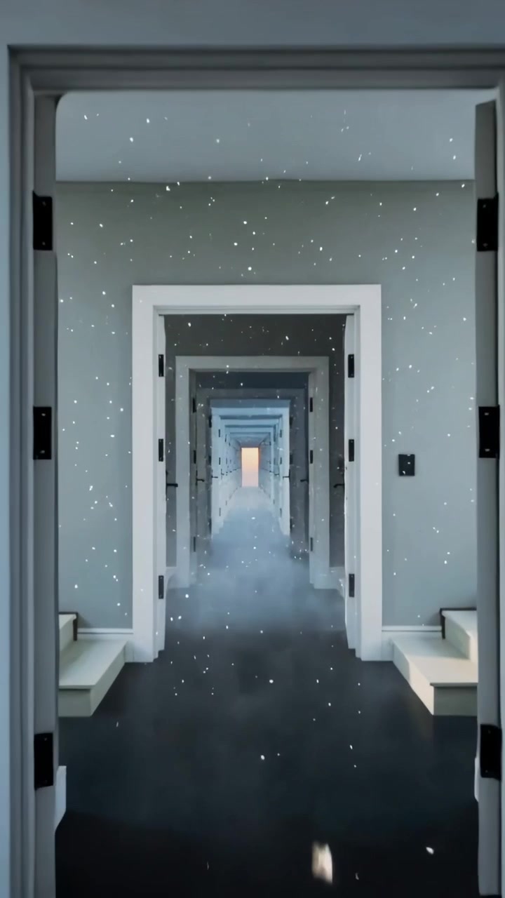Vertical video: Panning camera revealing receding door frames down hallway, toward warm light
