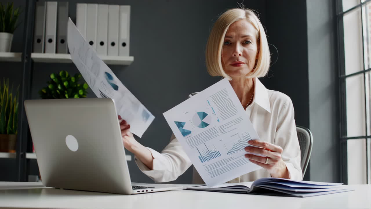 Businesswoman reviewing financial reports