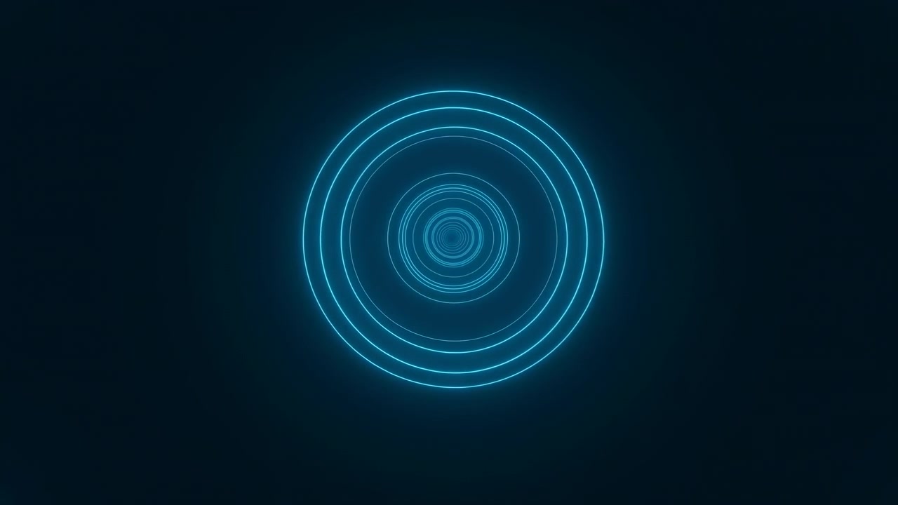 Bright cyan rings move inward toward luminous core on dark navy backdrop, producing smooth radial motion, cool glow, strong contrast, and modern abstract digital atmosphere, with neon, ring
