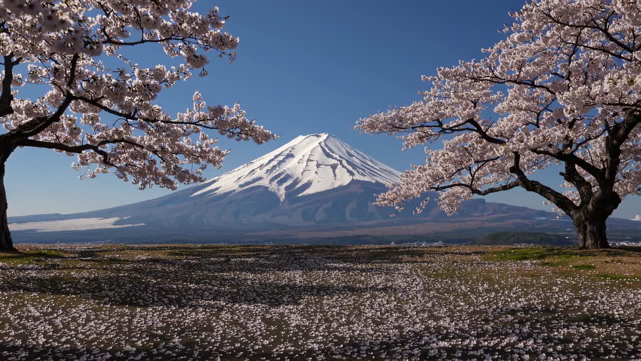 Fuji Dağı'nı çevreleyen kiraz çiçeklerini gösteren, sakin bir manzarayı sergileyen geniş açılı bir video.