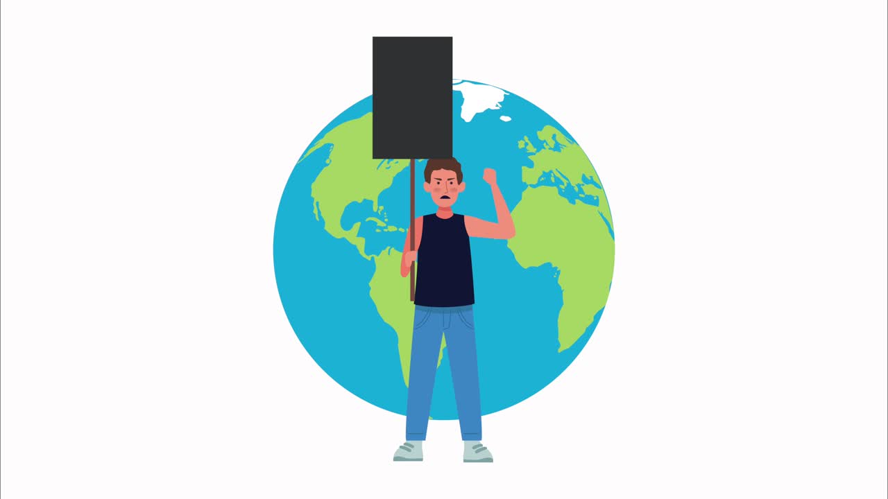 hombre protestando con una bandera y el mundo planeta tierra carácter