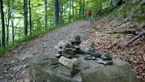 a young tourist woman walking on a mountain path