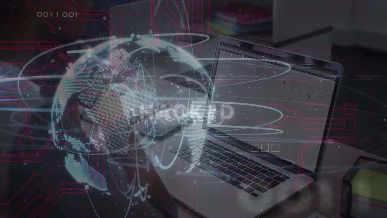 Holografik küre beliriyor, dönerek 'HACKED' yazısı yanıp sönüyor, dizüstü bilgisayarın etrafında dönüyor ve güvenlik ihlalini işaret ediyor.