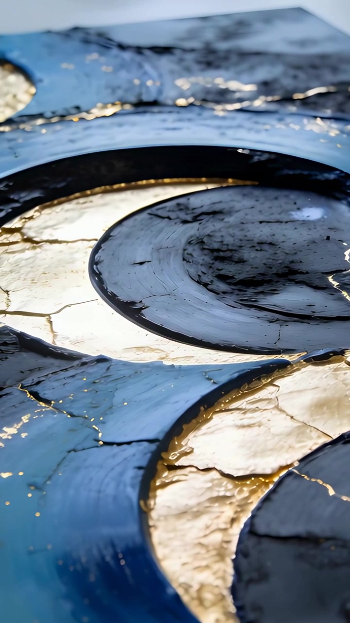Vertical video: Tight shot moving lens showing blue crescent, black disc in studio with gold cracks