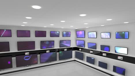interior de una tienda de electrónica con video sincronizado que se reproduce en las pantallas de varios televisores