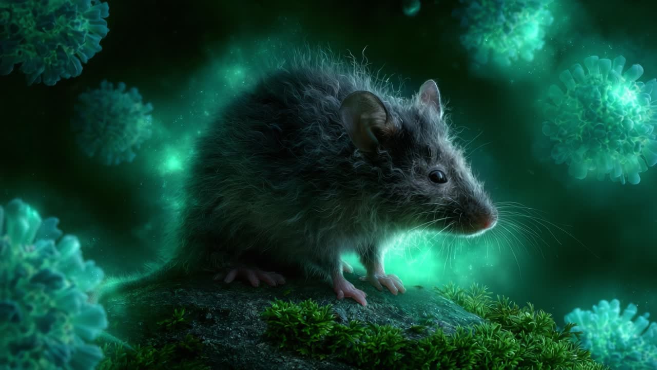 Una rappresentazione digitale di un topo in un ambiente etereo, circondato da particelle luminose che simboleggiano organismi microscopici e strutture potenzialmente virali.
