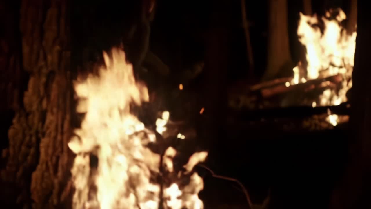 Intense Emotions Captured as Flames Dance in Dark Forest, Providing a Vivid Contrast to the Night, Highlights of Fire's Power and Mystery Unveiled in Two Powerful Frames