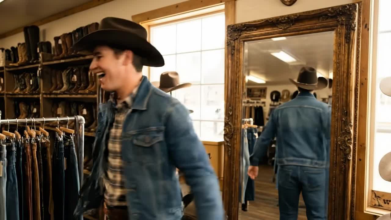 Uomo che prova un cappello e un abito da cowboy in un negozio di abbigliamento