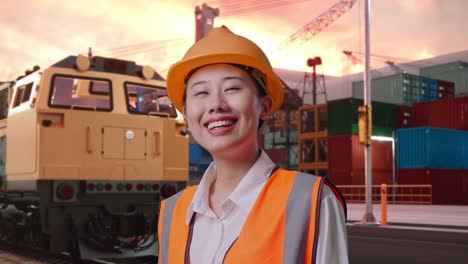 close up side view of asian female engineer with safety helmet looking around with freight cargo train at port