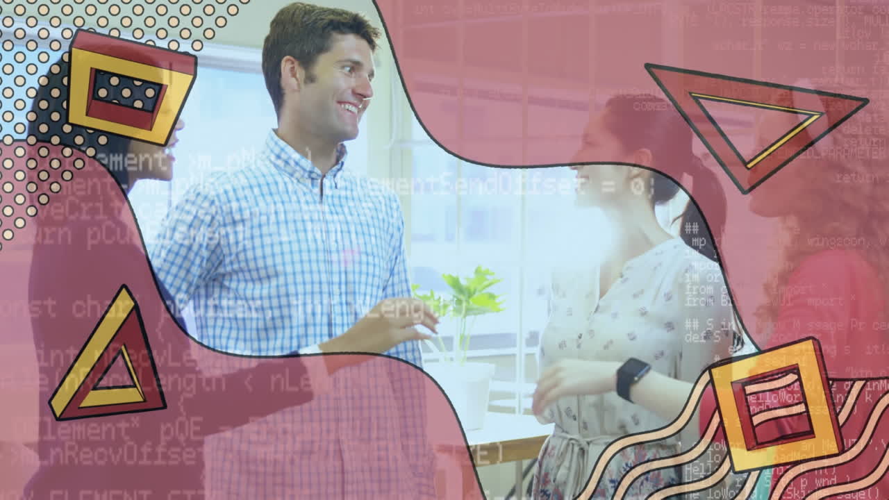 추상적인 모양과 데이터 처리가 사무실 동료들을 상대로 서로 다섯을 치는 것입니다.