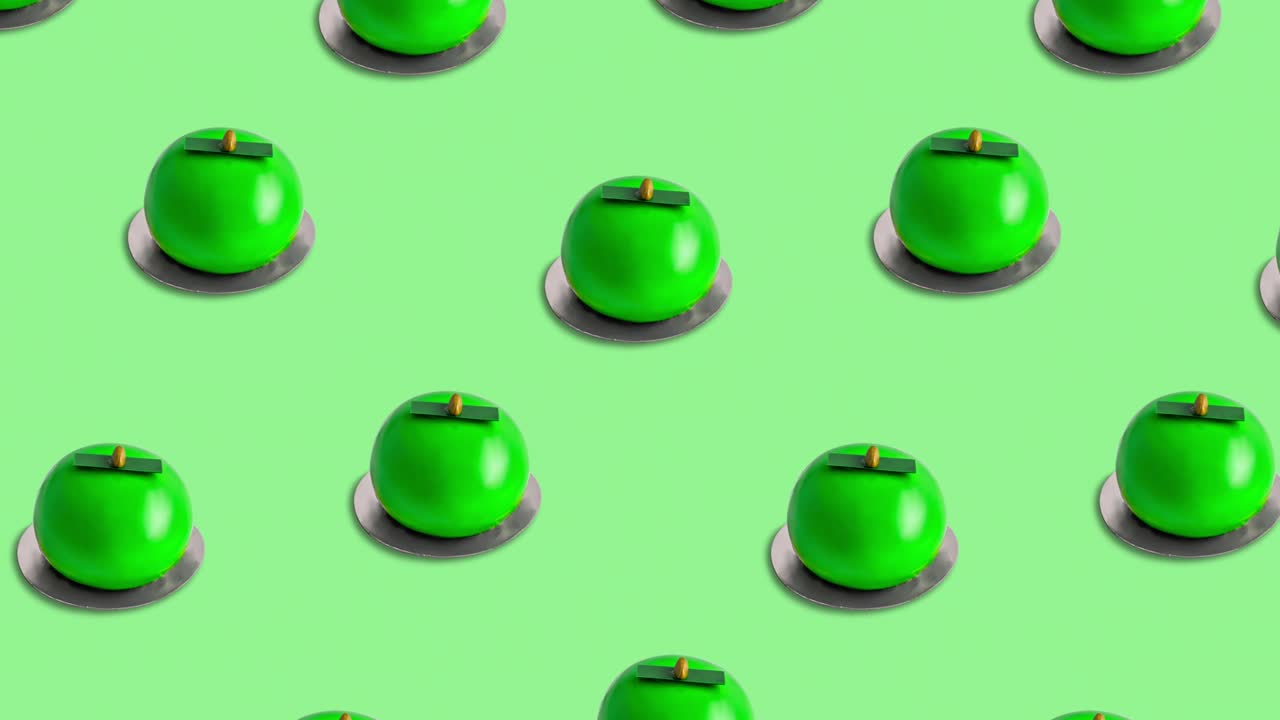 많은 밝은 둥근 녹색 케이크가 색 배경에 애니메이션으로 표시 된 패턴, 측면 뷰. 케이크는 다른 방향으로 움직입니다.