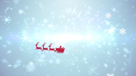 Animation-of-snow-falling-over-santa-claus-in-sleigh-with-reindeer-on-blue-background