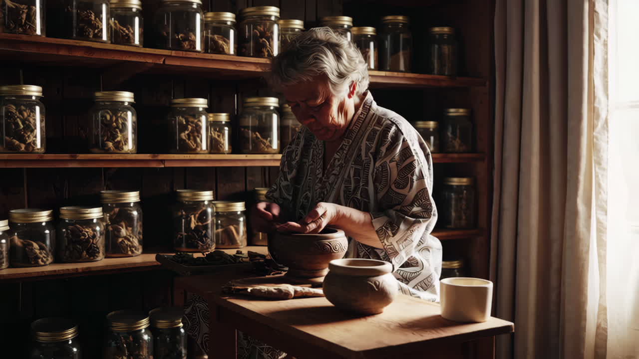 Elderly Herbalist Preparing Remedies