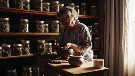 elderly herbalist preparing remedies