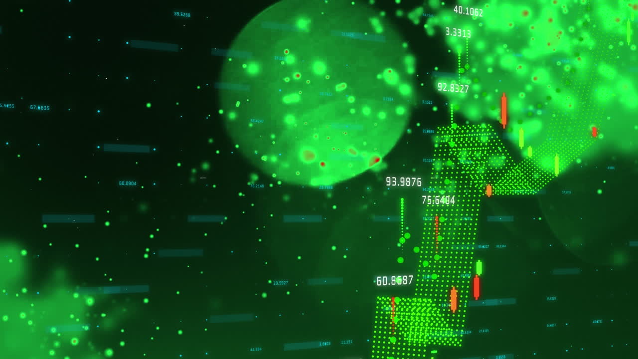 검은 바탕에 있는 밝은 점 위에 있는 금융 데이터 처리의 애니메이션