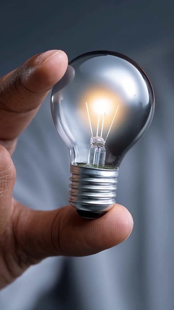 Una mano che tiene una lampadina illuminata, a significare idee, innovazione e creatività con luminosità e chiarezza su uno sfondo sfocato.