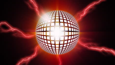 animation of red electric currents and rotating mirror ball on black background