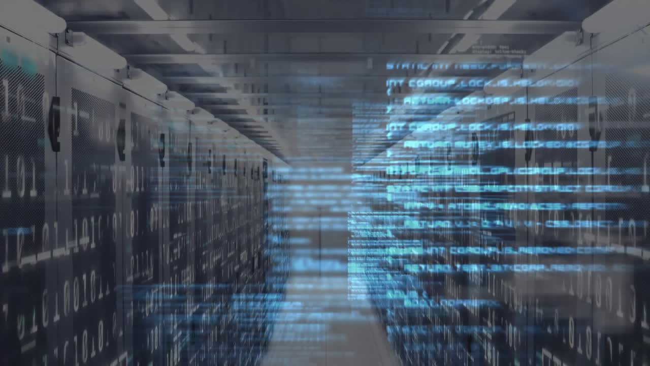 Translucent blue code streams drifting across server aisle on startup to visualize data flow