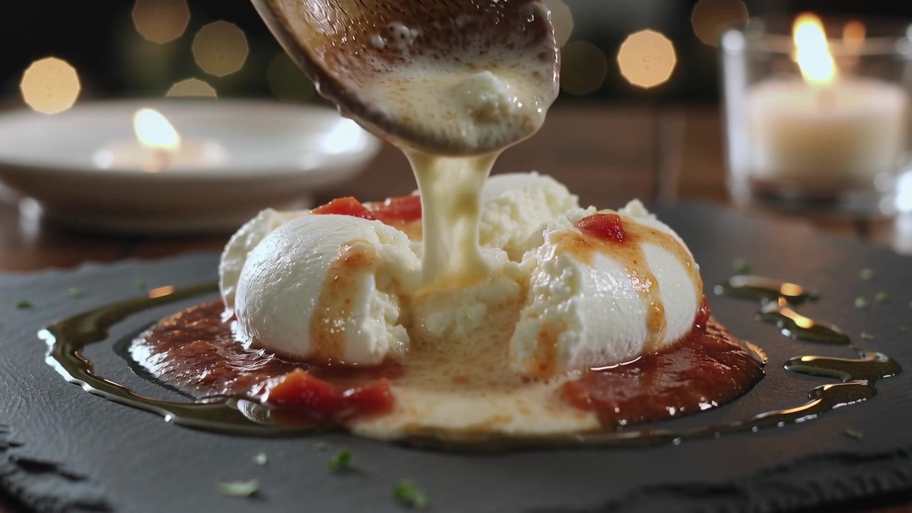 Cucchiaio di legno che appare premendo e strappando la burrata su un piano in ardesia, rilasciando il cuore cremoso