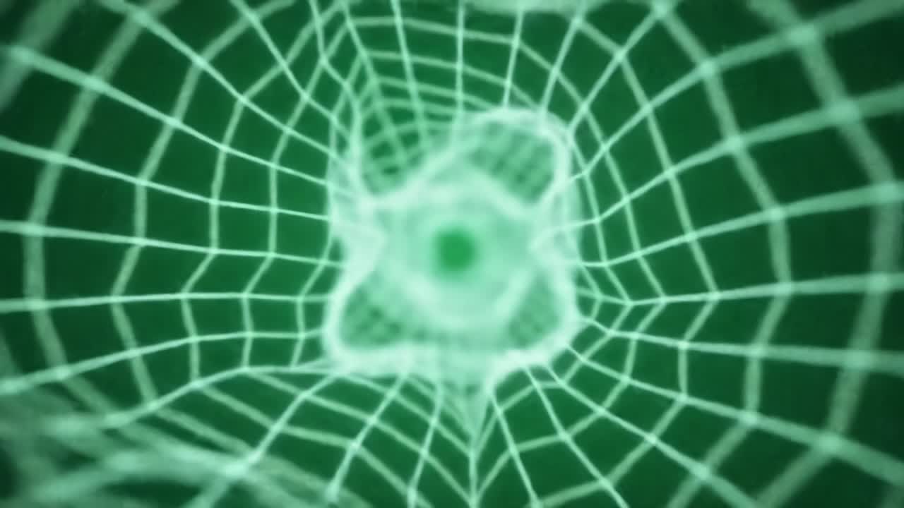 An Abstract Visualization of a Dynamic Green Network Structure, Flowing Through Layers of Ethereal Geometry and Light Patterns