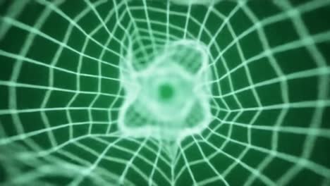 an abstract visualization of a dynamic green network structure, flowing through layers of ethereal geometry and light patterns