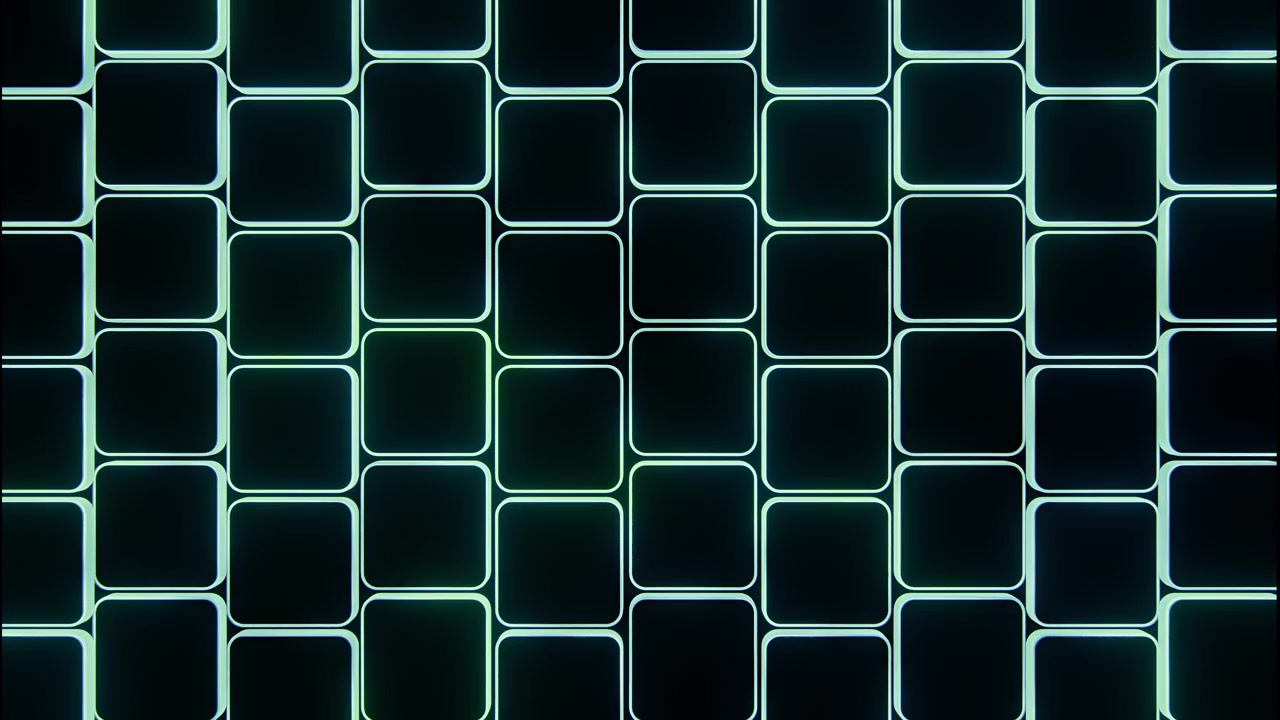 Vista frontal cercana de una cuadrícula de azulejos cuadrados redondeados repetitivos con centros mate oscuros, contornos finos luminosos de color verde azulado/cian y un brillo suave, creando una simetría limpia, un patrón modular, un contraste fresco y