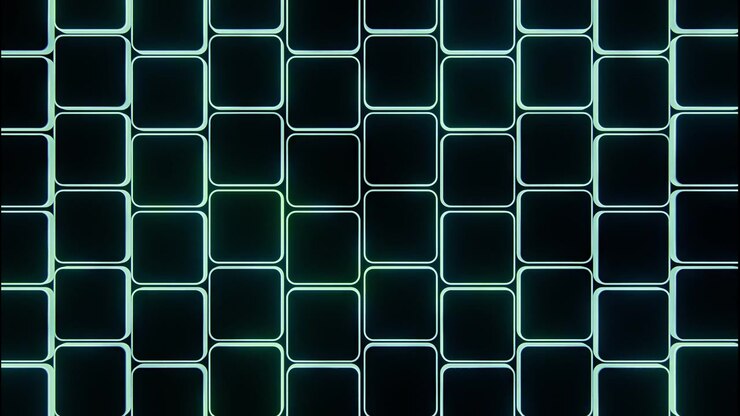 Front-facing close view of repeating rounded-square tile grid with dark matte centers, thin luminous teal-cyan outlines and gentle glow, creating clean symmetry, modular pattern, cool contrast and