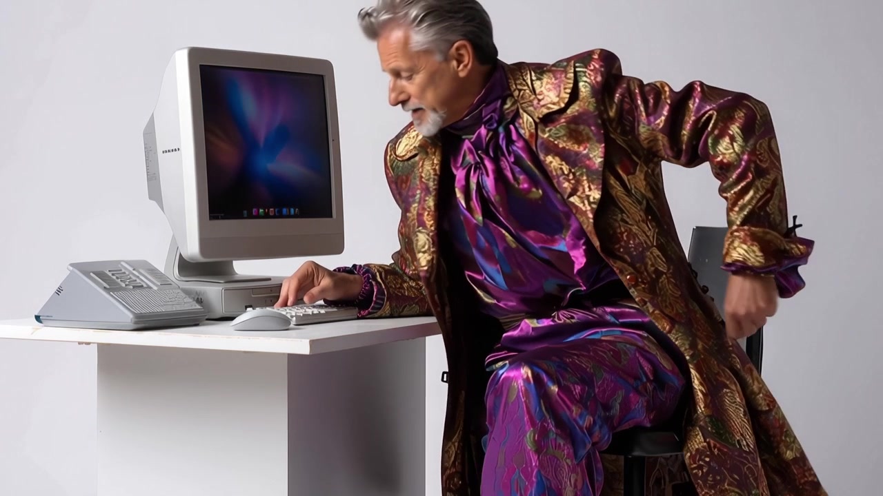 Mature Man in Eccentric Suit Using Retro Computer at Desk