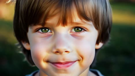 a cute little boy with green eyes smiles at the camera