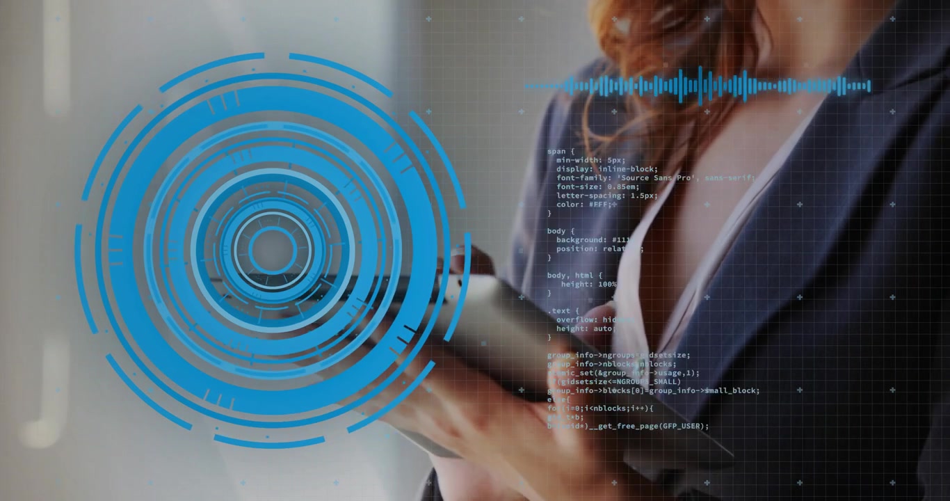 Businesswoman grabbing tablet then swiping through code for software analysis with HUD and waveform