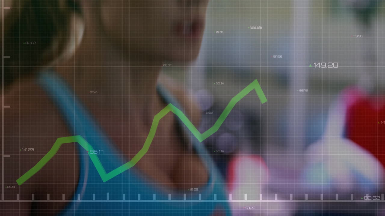haciendo ejercicio en el gimnasio, mujer con superposición de animación de gráfico de línea verde