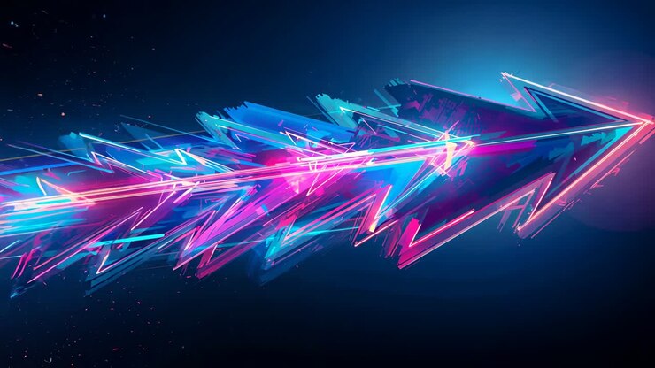 Abstract neon arrow emerging and traveling in 3D space at sequence start, with pulsing shards