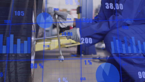 animation of financial data processing over male african american car mechanic fixing tyre