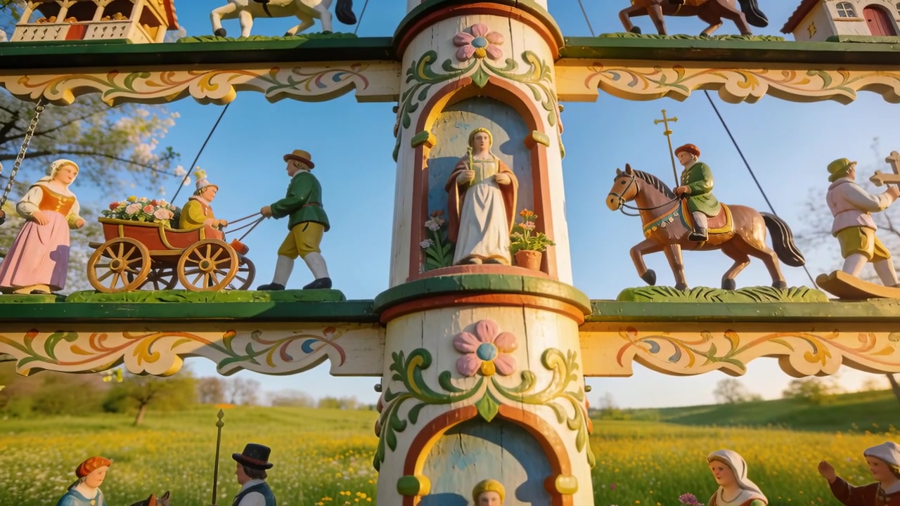 Kamera se posouvá a odhaluje malovaný totem na sluncem zalité louce, odkrývá vyřezávané postavy v lidovém kroji.