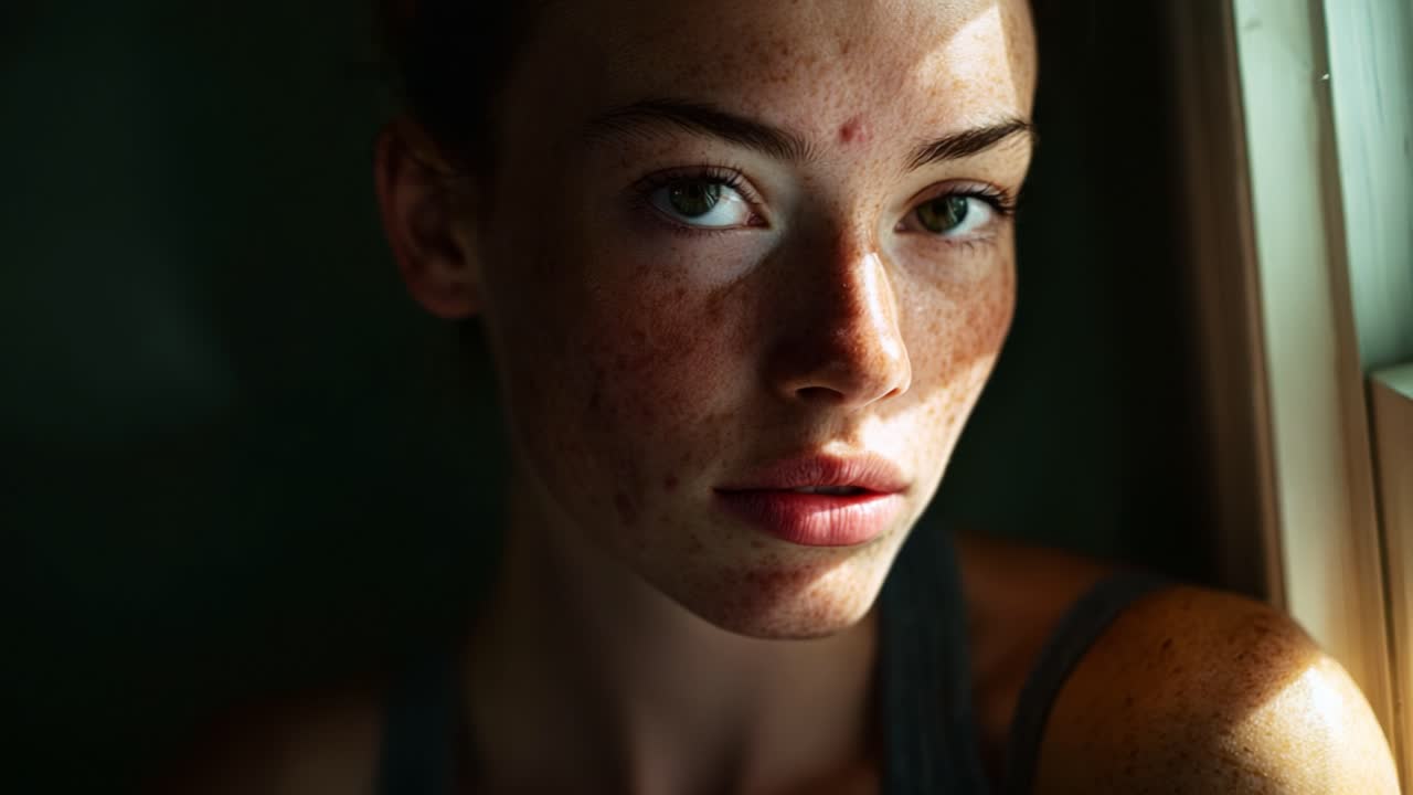 A close-up portrait capturing the beauty of youthful skin marked by freckles and natural imperfections, illuminated by soft light through a window, reflecting vulnerability and strength