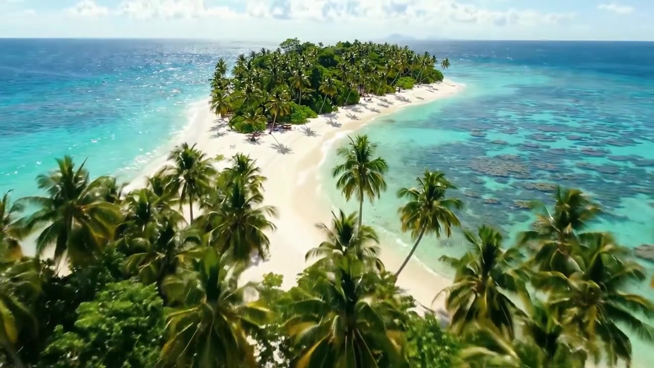 Pemandangan Udara Surga Tropis: Pulau Menakjubkan Dikelilingi Perairan Jernih, Pohon Palem Rimbun, dan Pantai Berpasir Putih di Bawah Langit Cerah