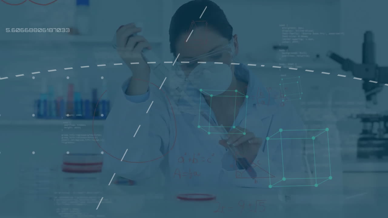 실험실에서 아시아 여성 과학자에 대한 과학 데이터 처리의 애니메이션