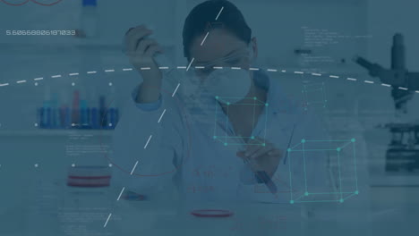 Animación-Del-Procesamiento-De-Datos-Científicos-Sobre-Científica-Asiática-En-Laboratorio