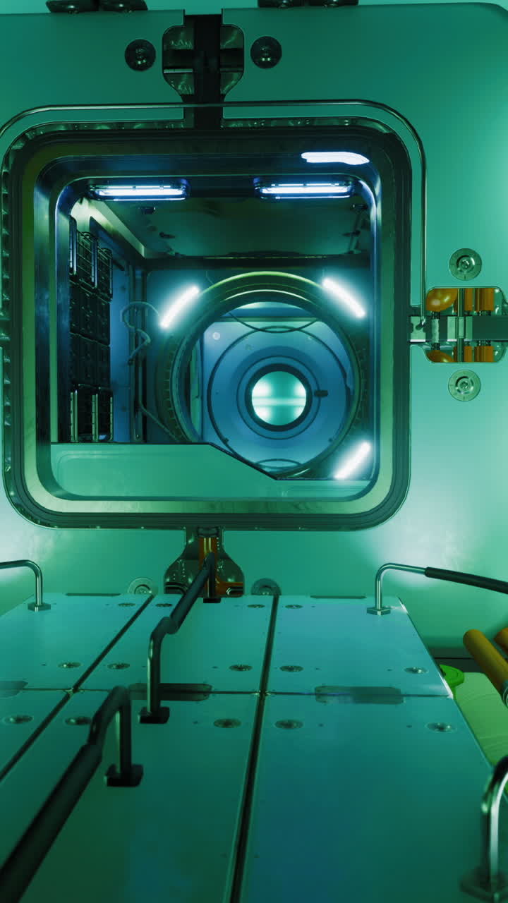 Interior de una cámara de control futurista con brillo azul y componentes tecnológicos