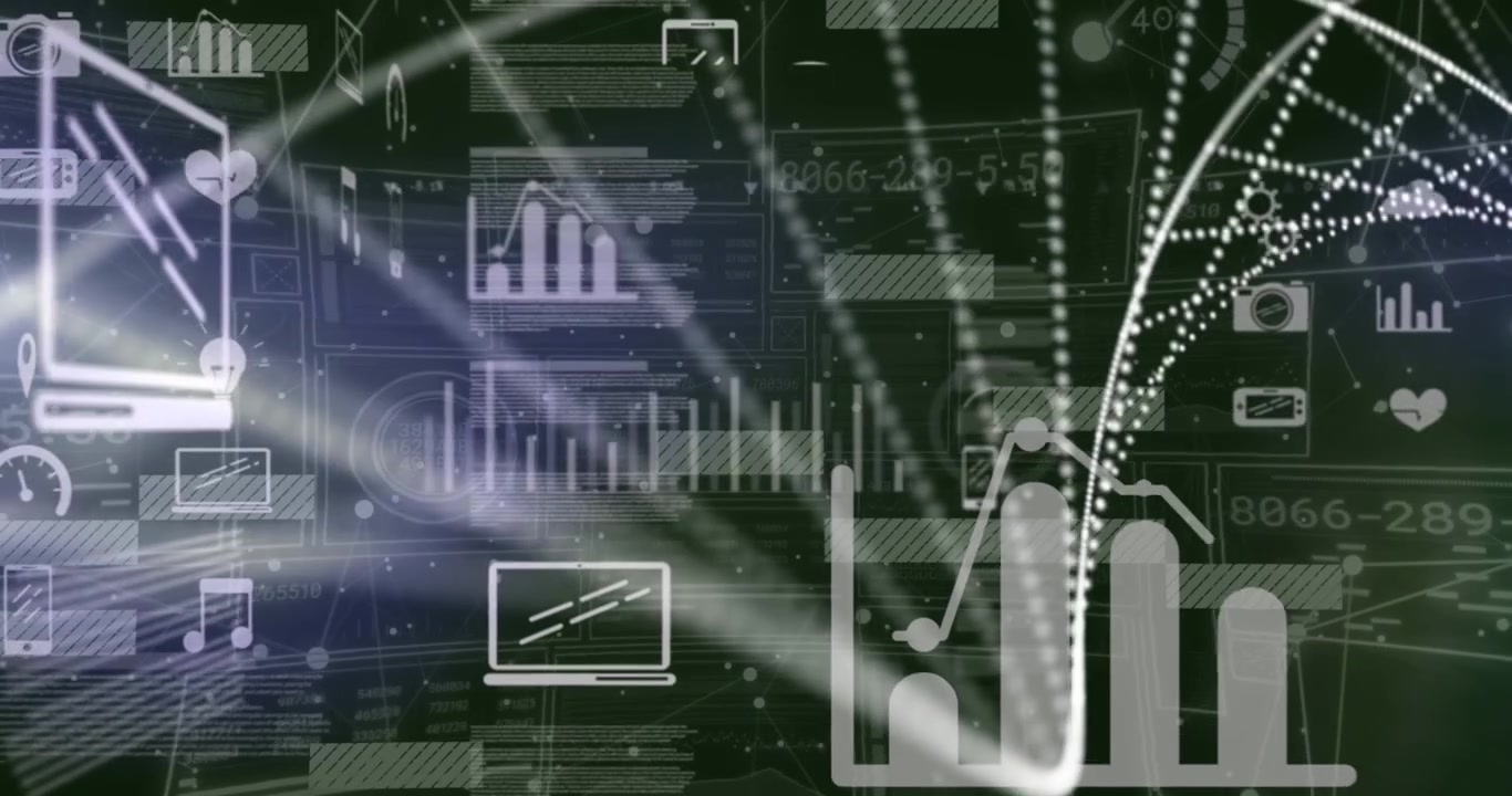 Animation of dna strand and icons over financial data processing on black background