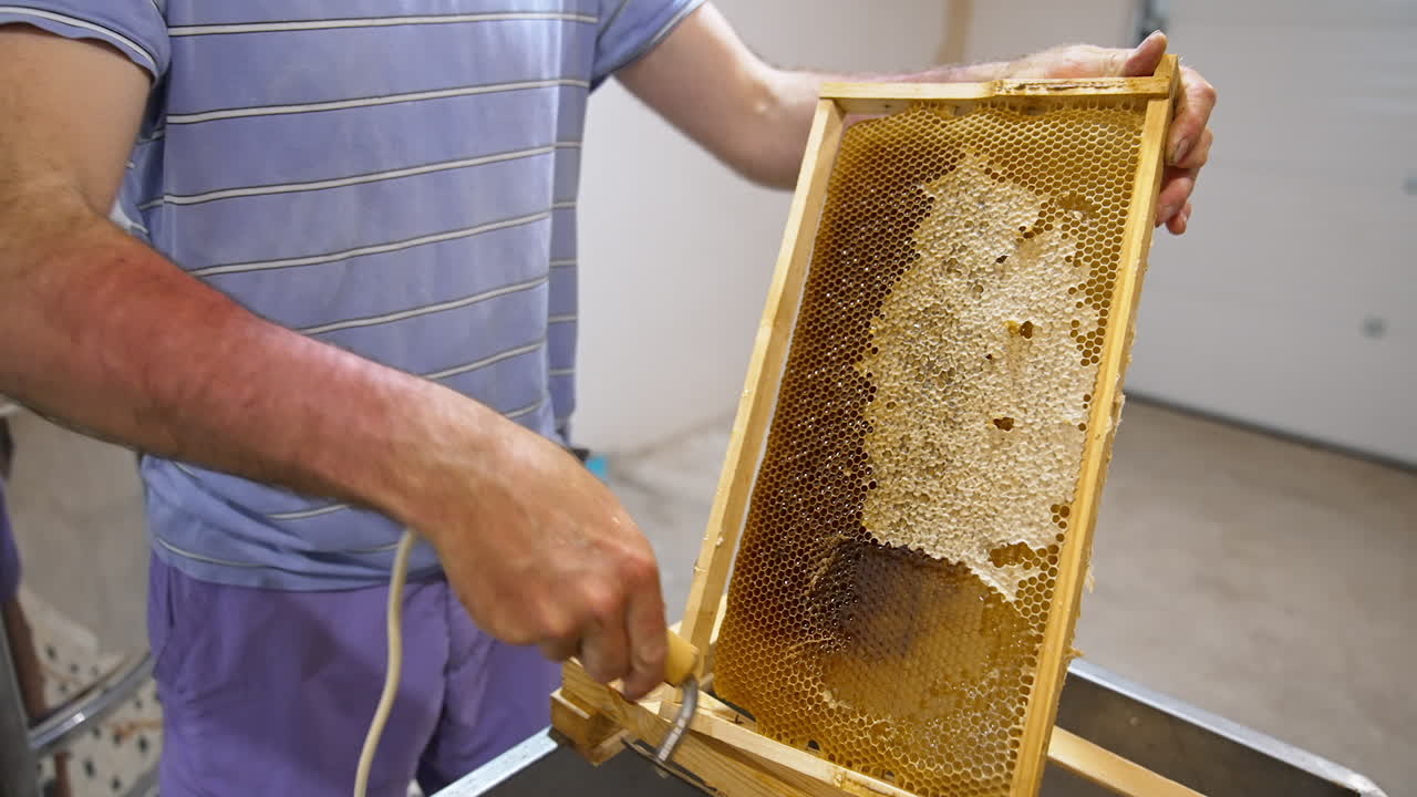 Male apiarist harvesting honey. Man's hand uncovers the closed honey cells from honeycombs with electric tool knife.