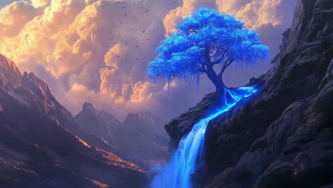 glowing blue tree waterfall in a mountainous landscape