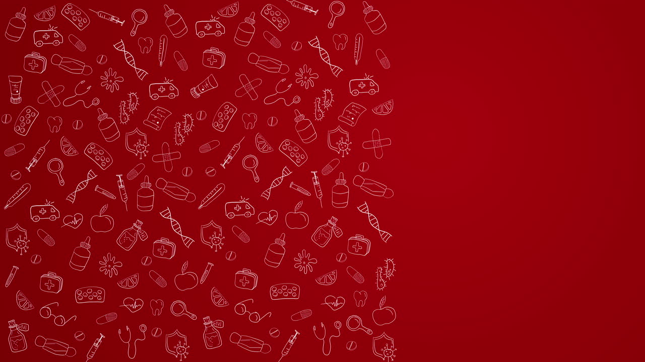 Red animated medical background with thin icons. Empty space for text. Looped motion graphics.