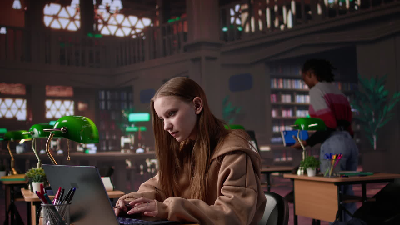 Vertical video academic student working on her diploma essay in a calm library environment