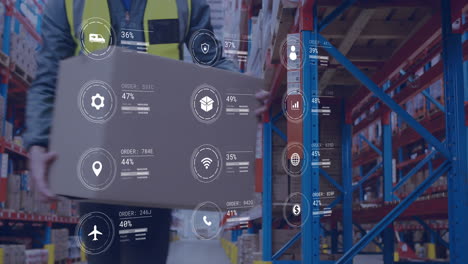 animation of data processing against caucasian male worker carrying a box at warehouse