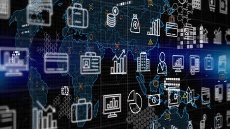 animación de iconos financieros y procesamiento de datos sobre el mapa del mundo