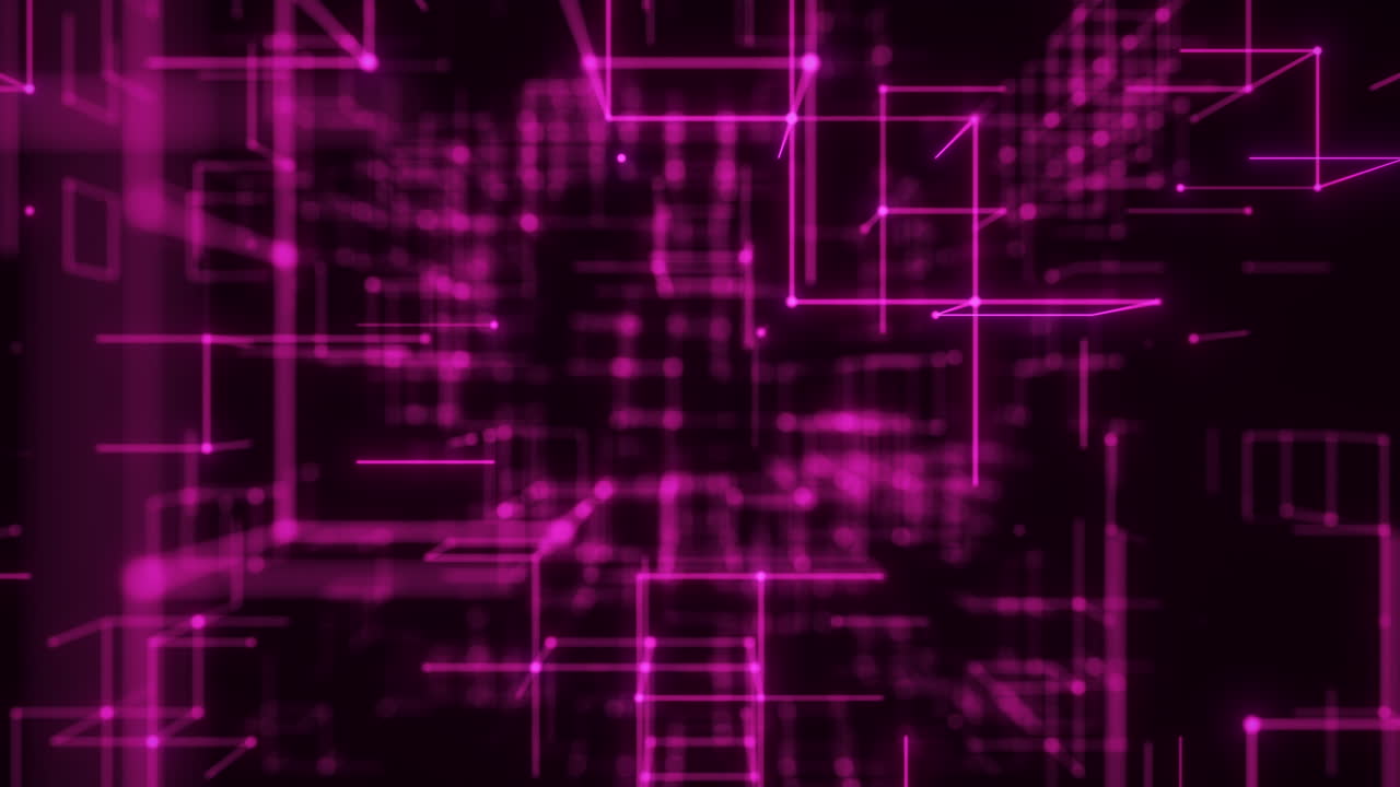 Violet Digital Cubes in a Rapid Abstract Wireframe Field. Looped 3D rendering