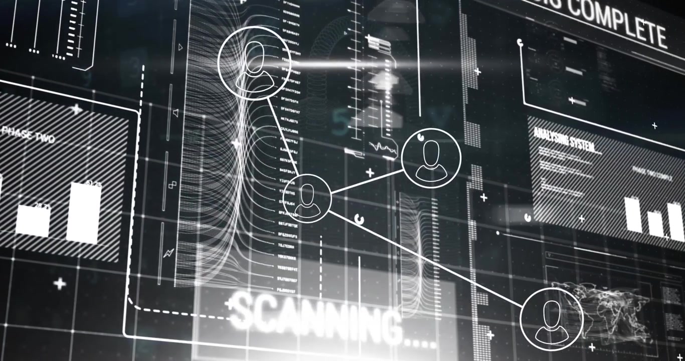 Animation of network of profile icons over interface with data processing against black background